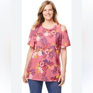 Women’s Within Pink Floral Cold Shoulder Tee Plus Size 3X